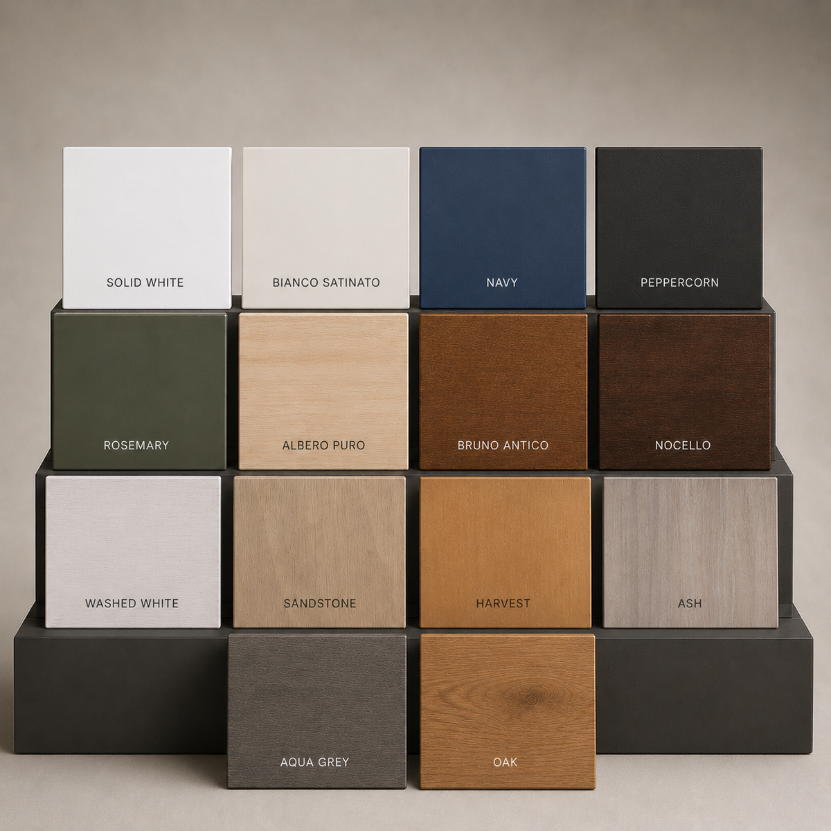Romina Furniture finish samples showing the range of painted and natural wood finishes