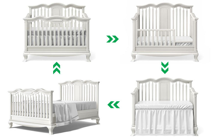 Diagram of a white convertible crib converting from crib to toddler bed, daybed and full-size bed