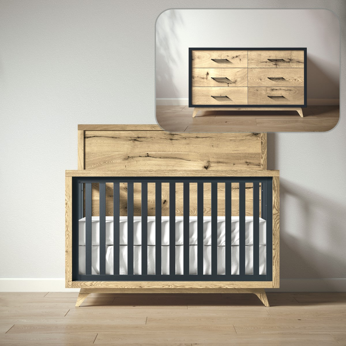 Uptown Nursery Set | Solid Wood Crib, Baby Safe | GREENGUARD Gold Solid Black / Bar Handle