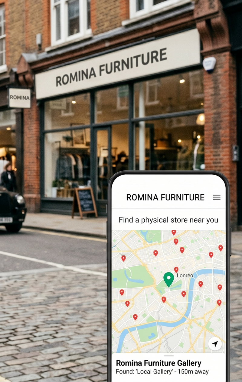 Person using a smartphone with a map app on a city street, featuring 'ROMINA FURNITURE' store.