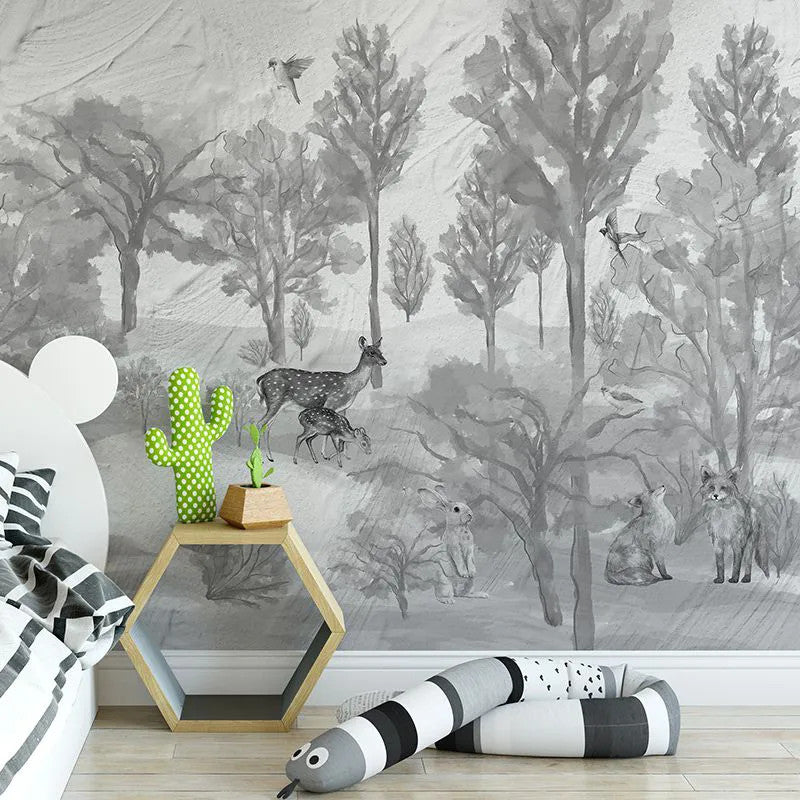 Foggy forest faun in grey Wallpaper